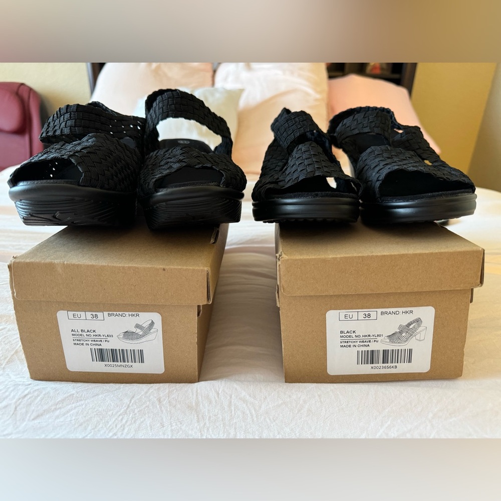 HKR Womens Lot Of 2  Stretch Woven Sandals  Summer  Black Sz 38 New